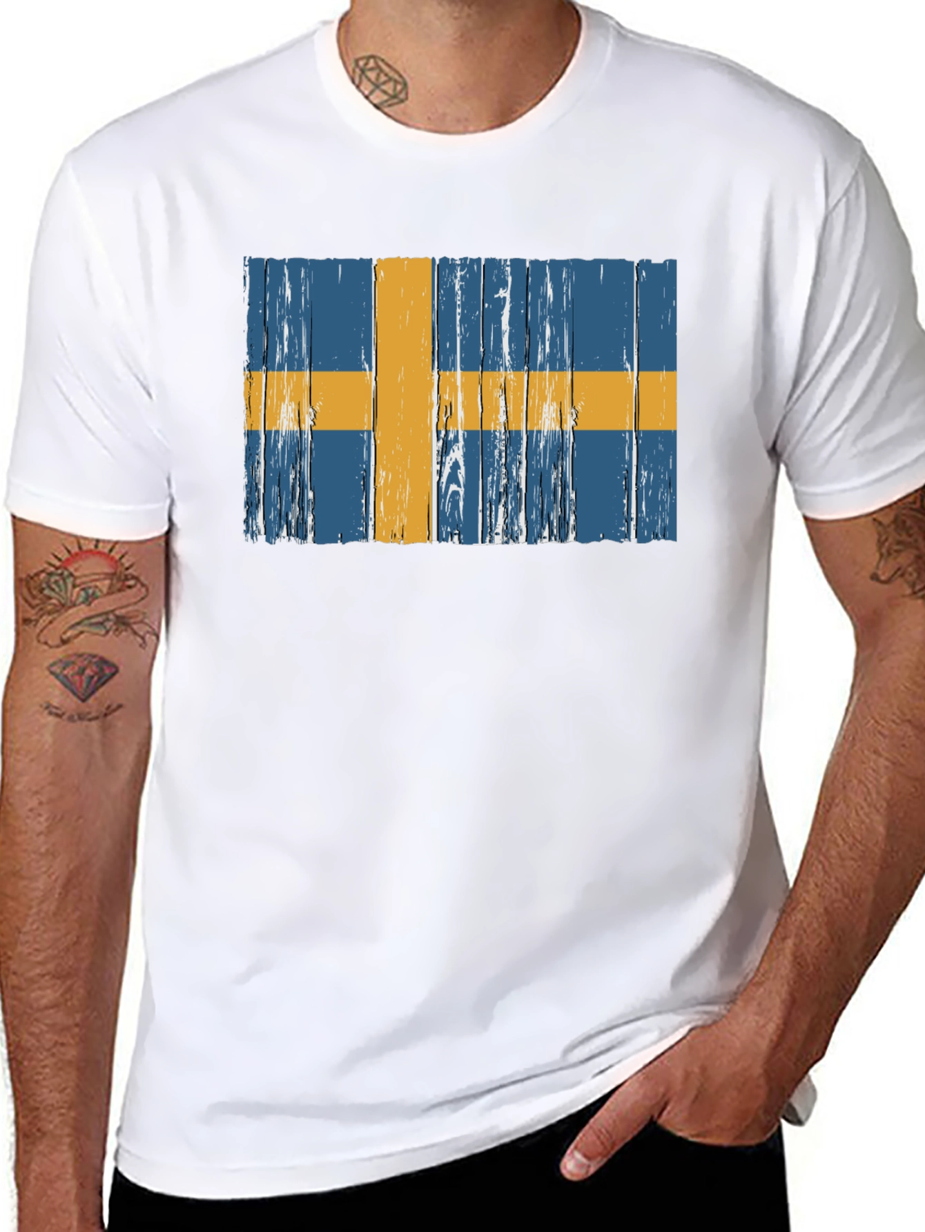 Swedish Flag Graphic Tee - Distressed Wood Style