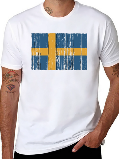 Swedish Flag Graphic Tee - Distressed Wood Style