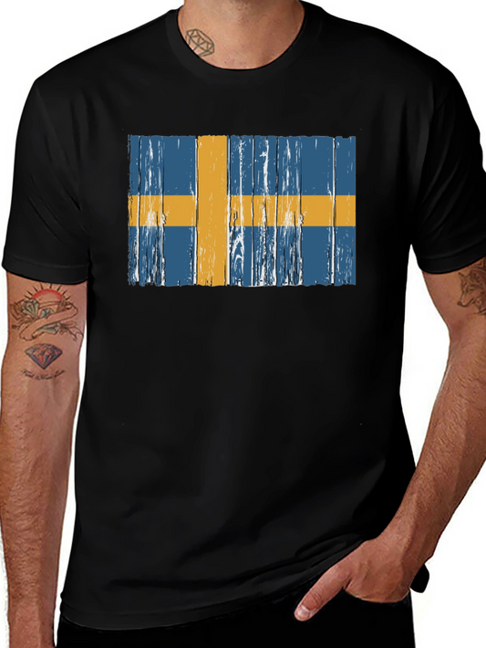 Swedish Flag Graphic Tee - Distressed Wood Style