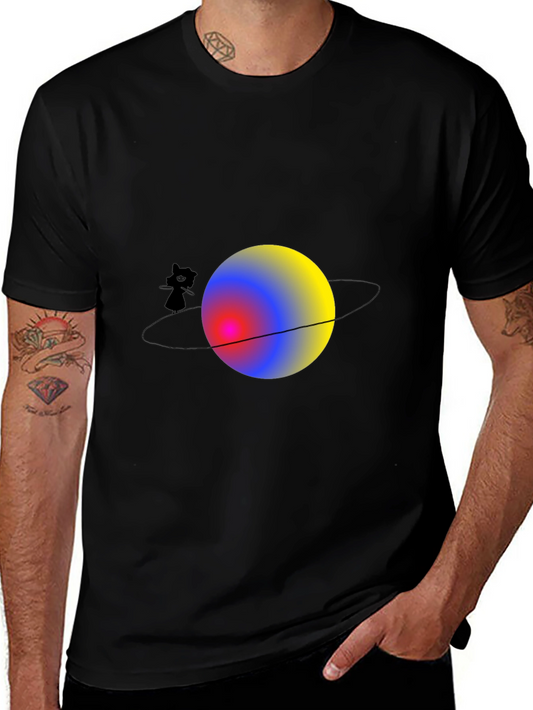 Cat on Saturn Graphic Black T-Shirt