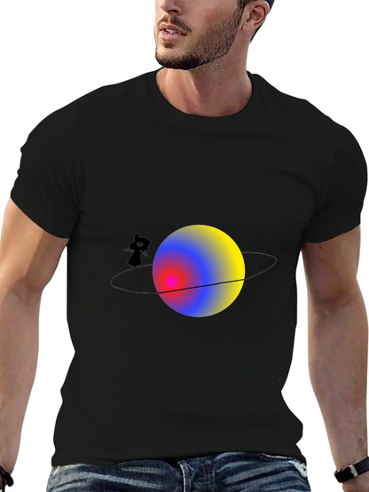 Cat on Saturn Graphic Black T-Shirt