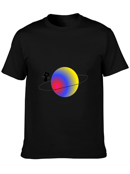 Cat on Saturn Graphic Black T-Shirt