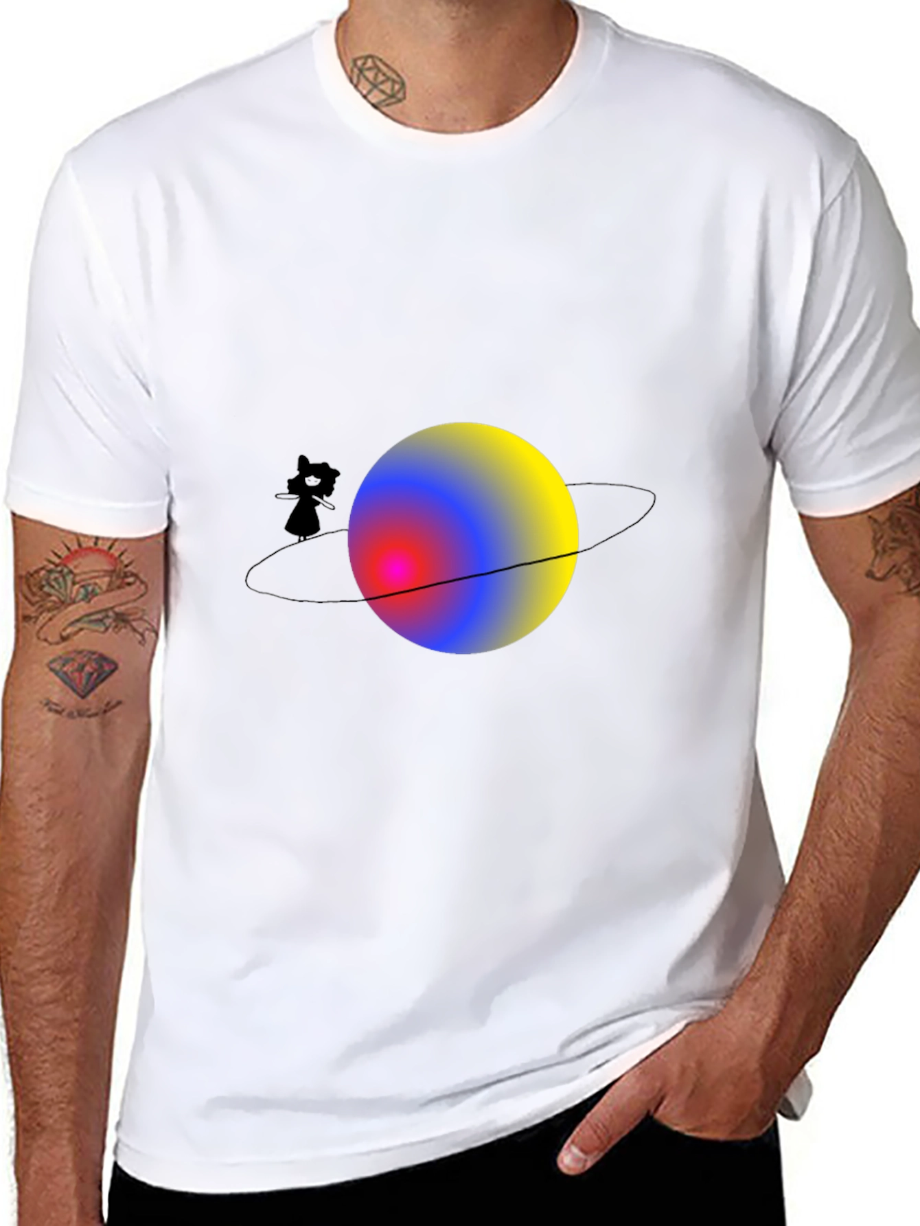 Cat on Saturn Graphic Black T-Shirt