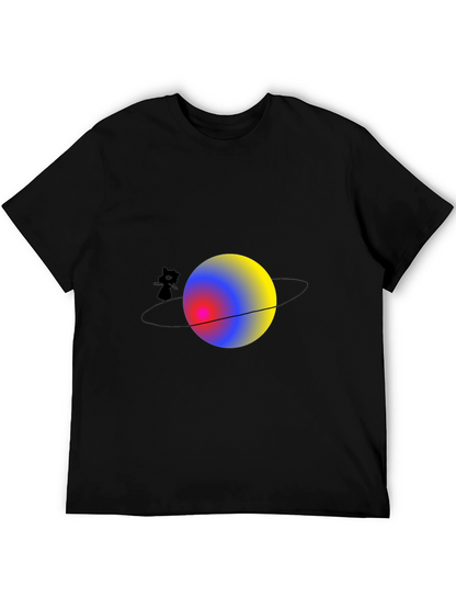 Cat on Saturn Graphic Black T-Shirt