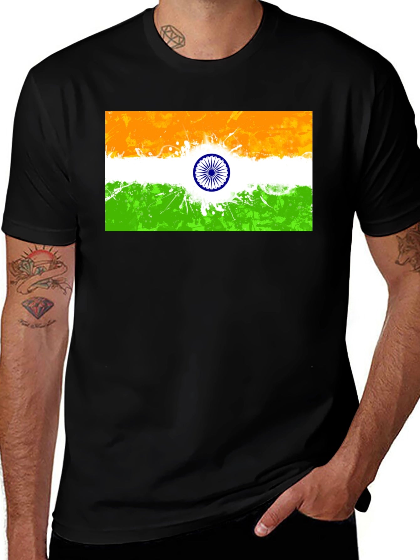Indian Flag Graphic Print Black T-Shirt