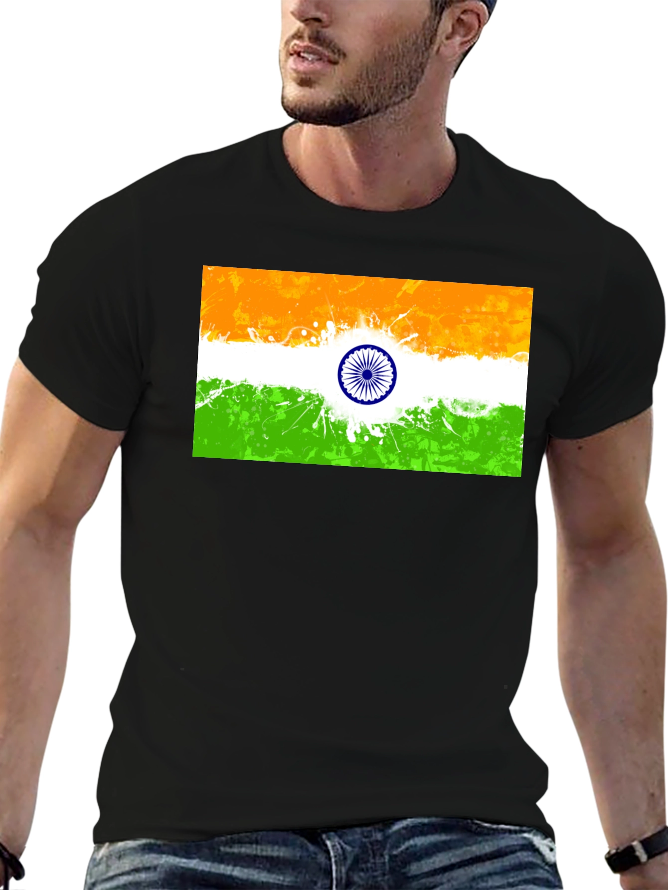 Indian Flag Graphic Print Black T-Shirt