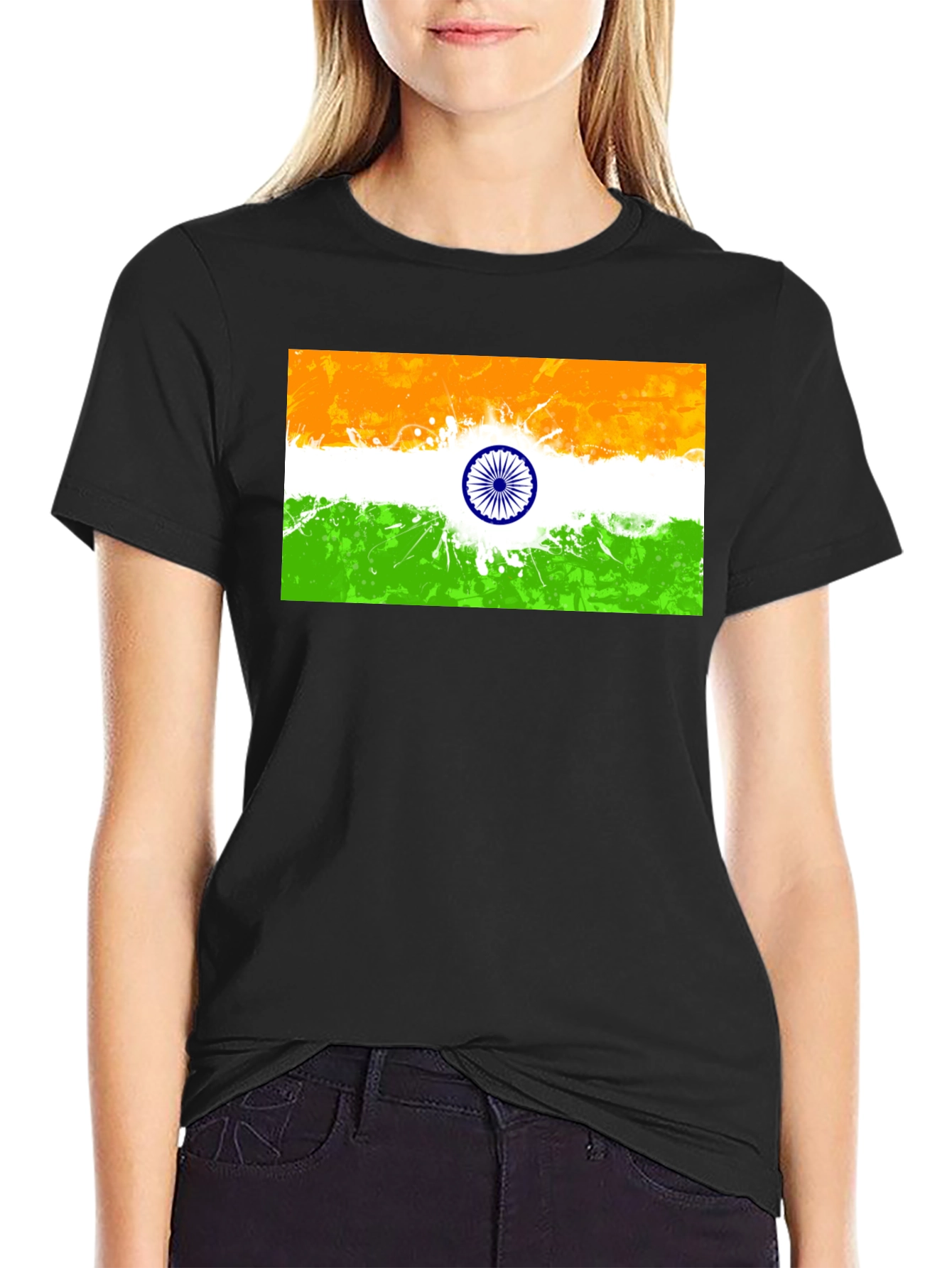 Indian Flag Graphic Print Black T-Shirt
