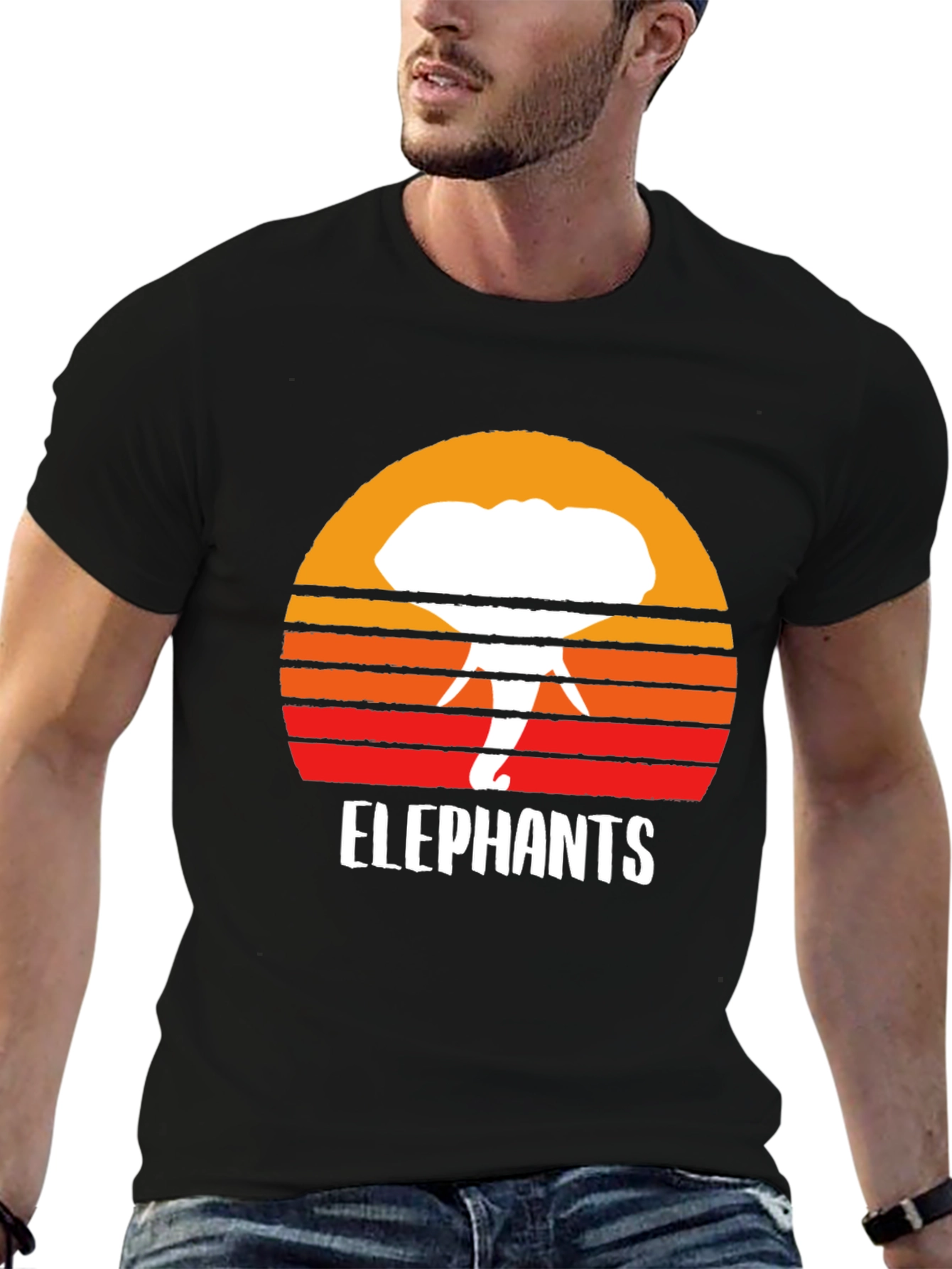 Elephant Sunset Graphic Tee - Retro Style Black T-Shirt