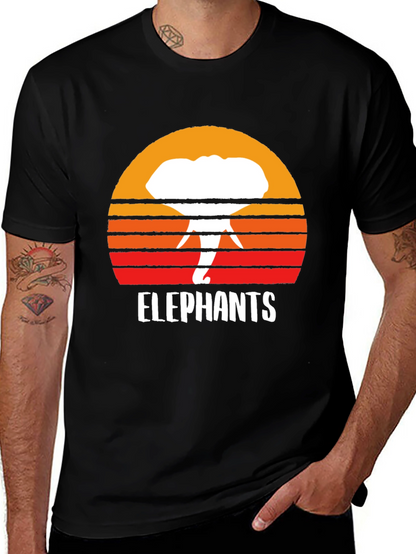 Elephant Sunset Graphic Tee - Retro Style Black T-Shirt
