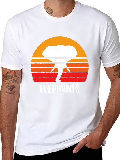 Elephant Sunset Graphic Tee - Retro Style Black T-Shirt