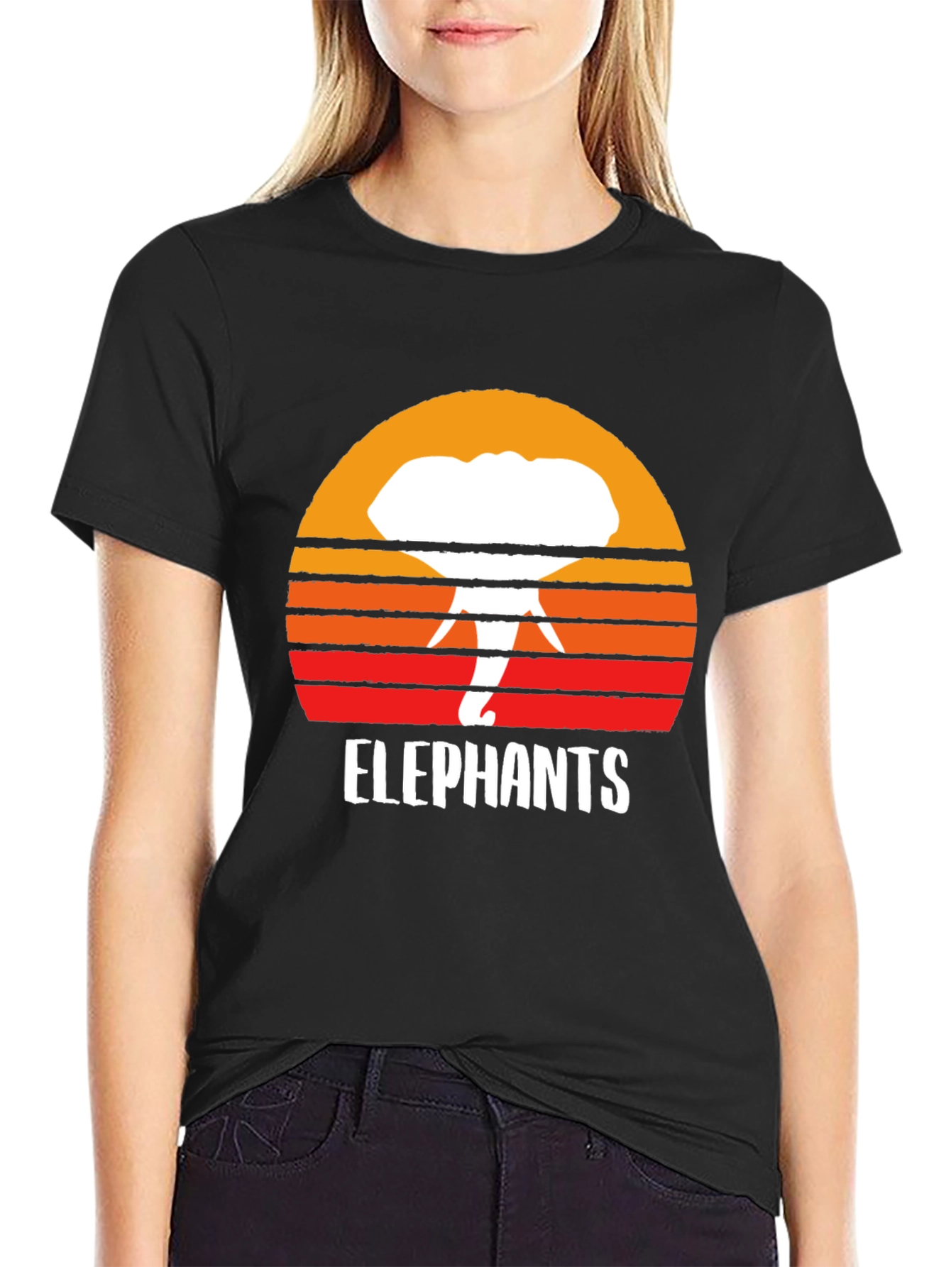 Elephant Sunset Graphic Tee - Retro Style Black T-Shirt