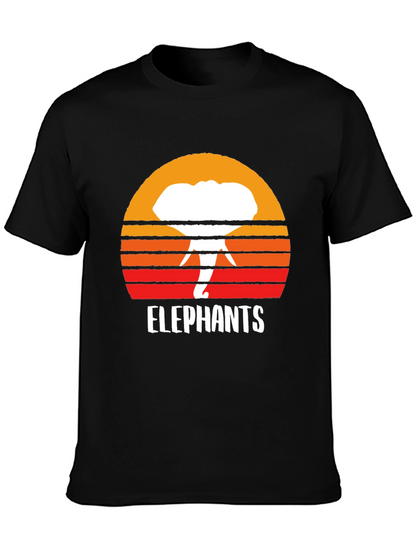 Elephant Sunset Graphic Tee - Retro Style Black T-Shirt