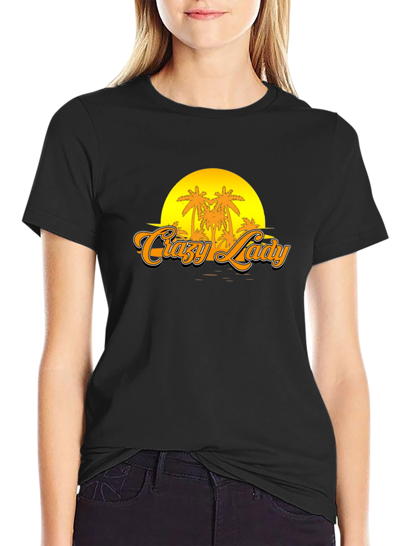 Crazy Lady Sunset Graphic T-Shirt - Black