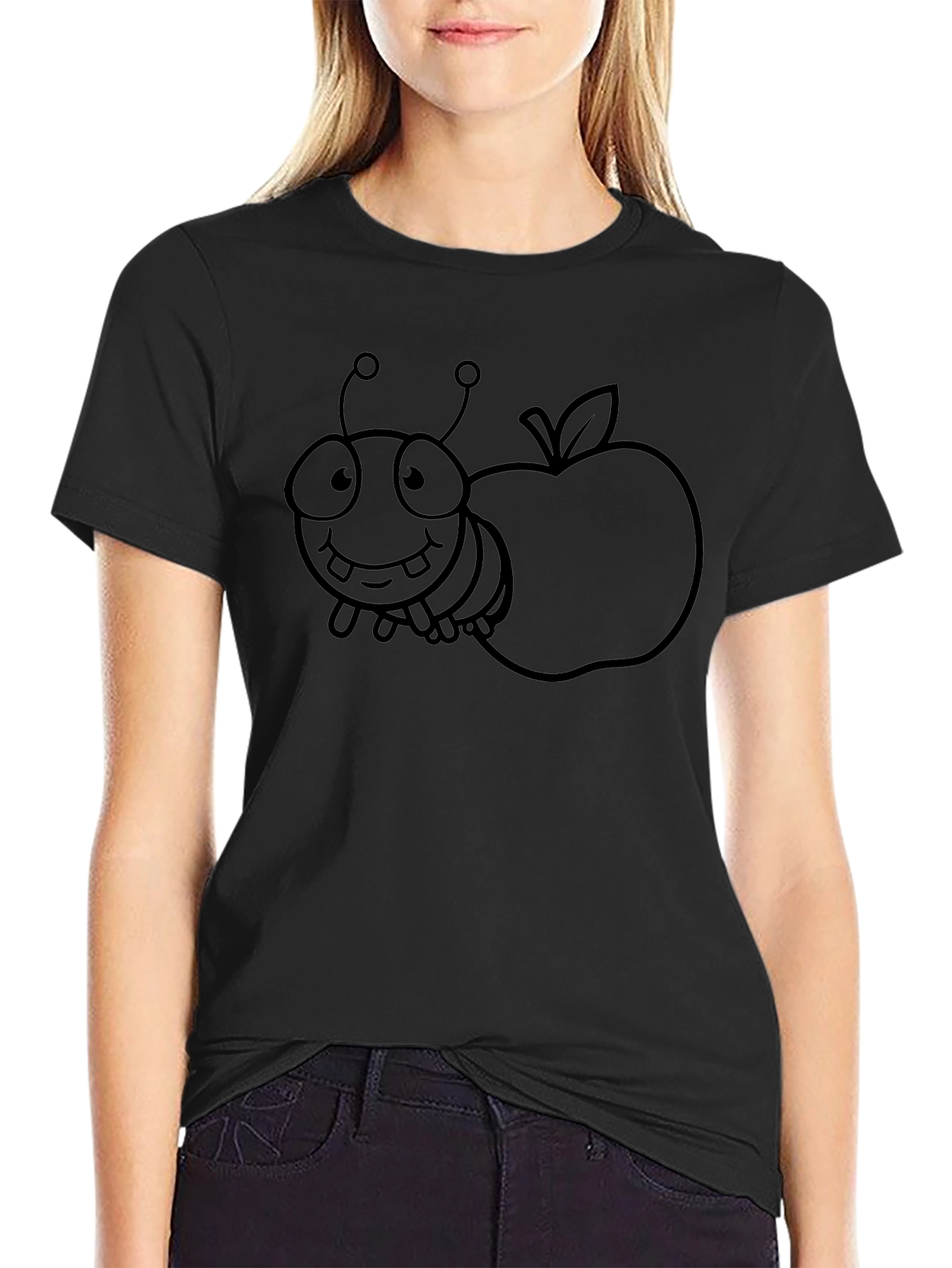 Cartoon Bug and Apple Black T-Shirt