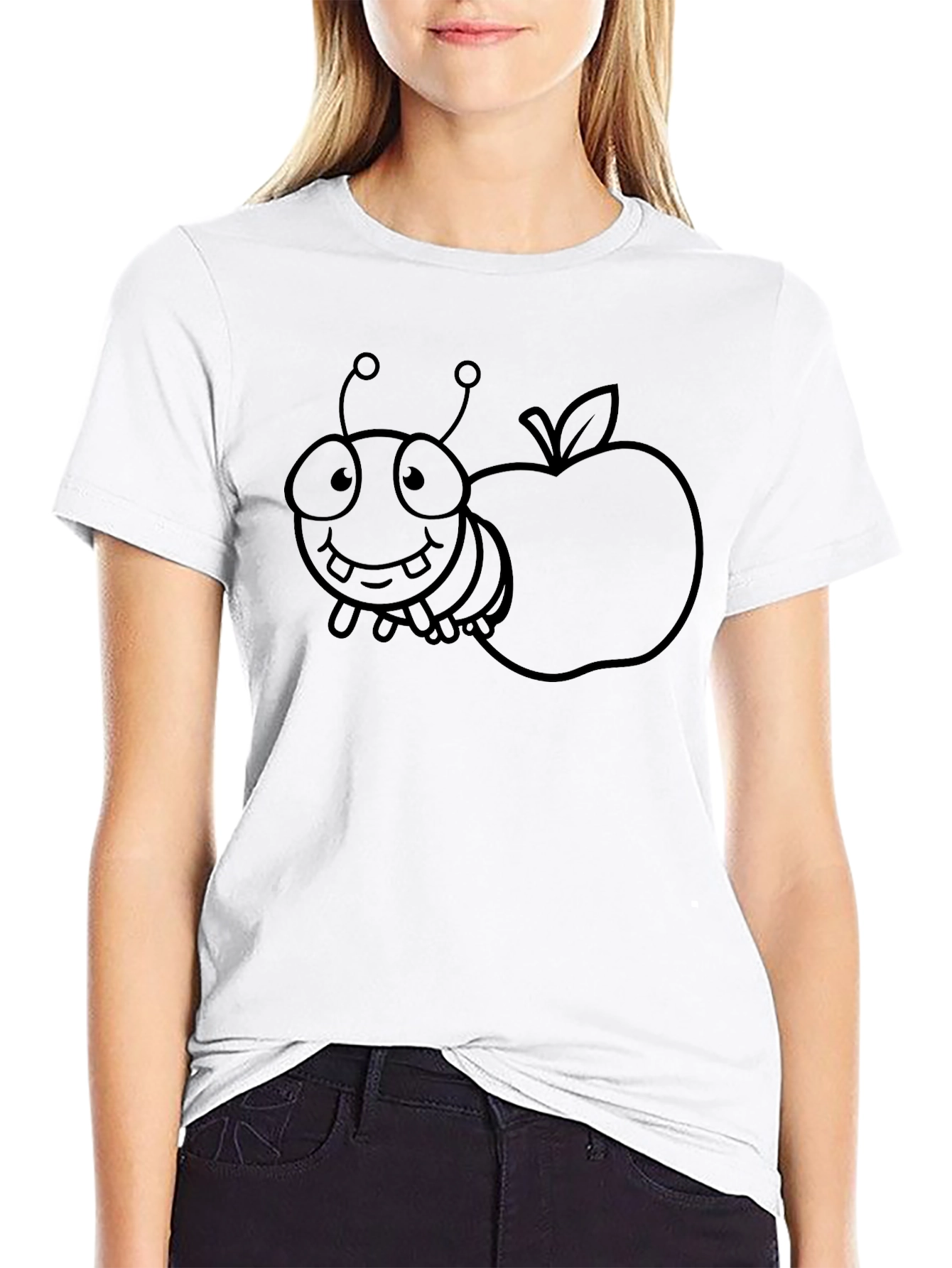 Cartoon Bug and Apple Black T-Shirt