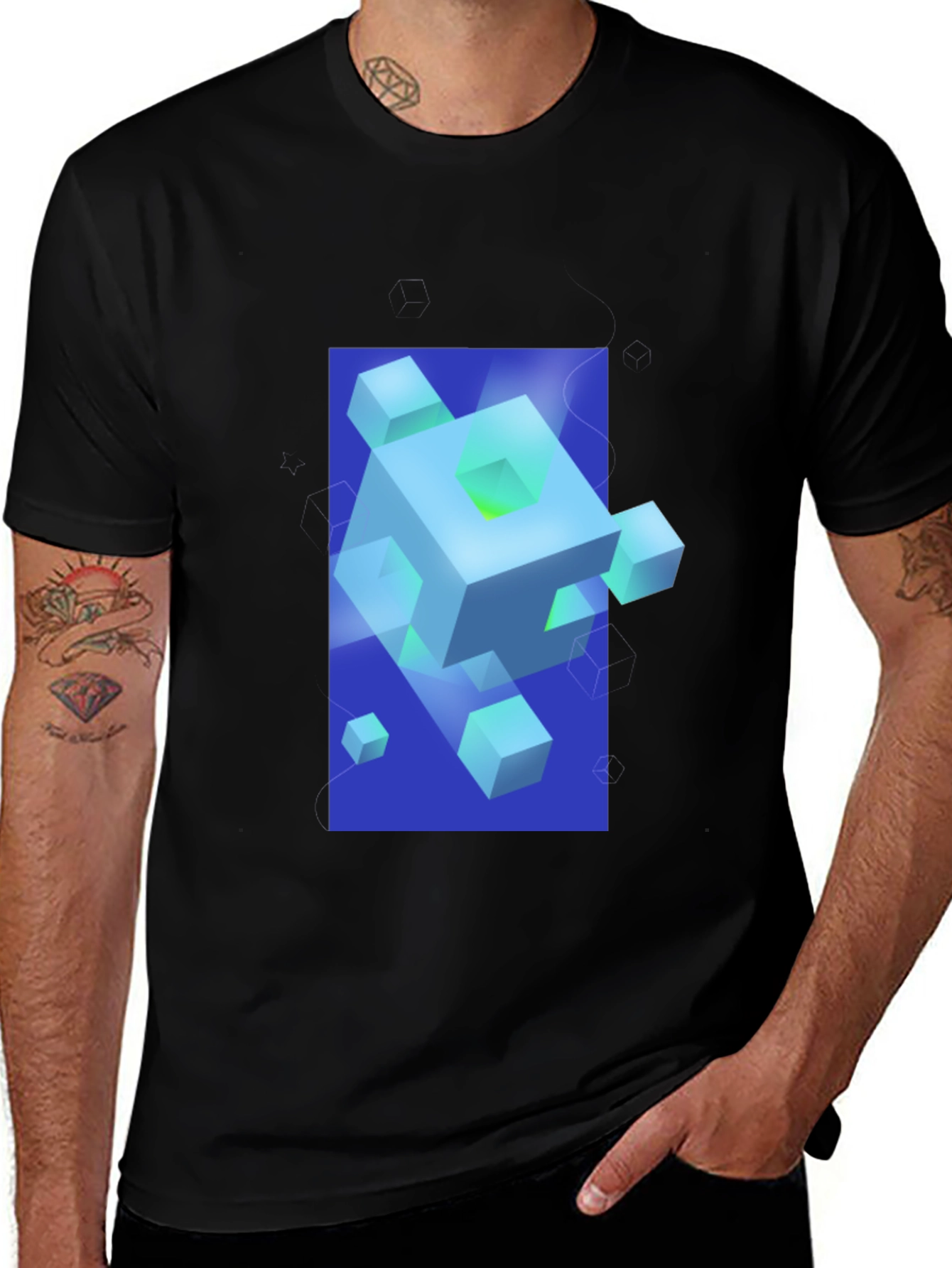 Geometric Cube Graphic Print Black T-Shirt
