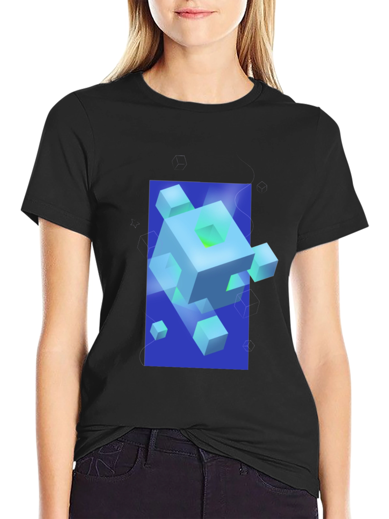 Geometric Cube Graphic Print Black T-Shirt