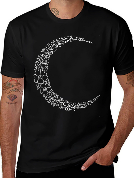 Floral Crescent Moon Graphic Tee - Stylish Black T-Shirt