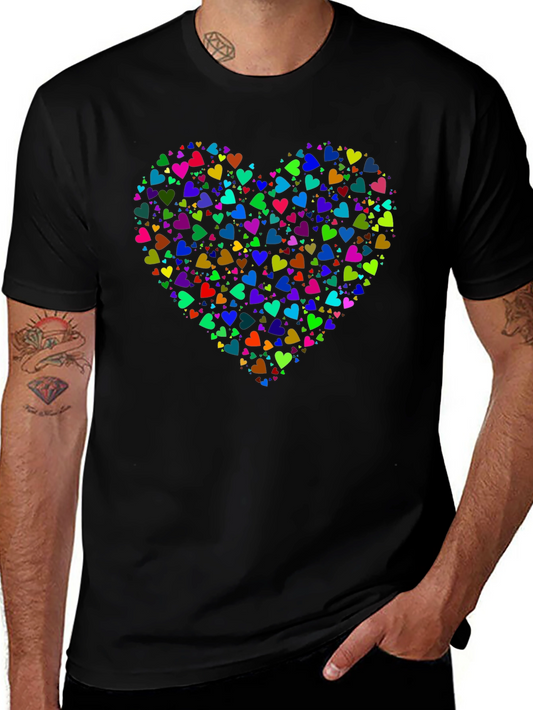 Colorful Hearts Graphic Print Black T-Shirt