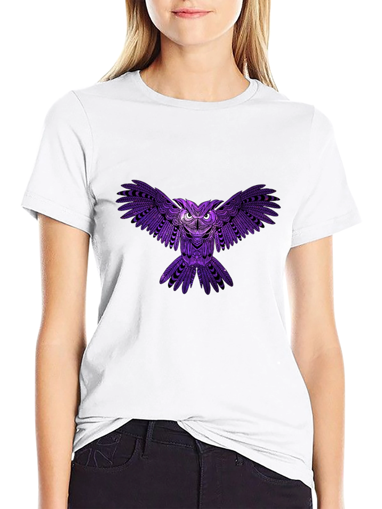 Mens Black T-Shirt with Purple Owl Design