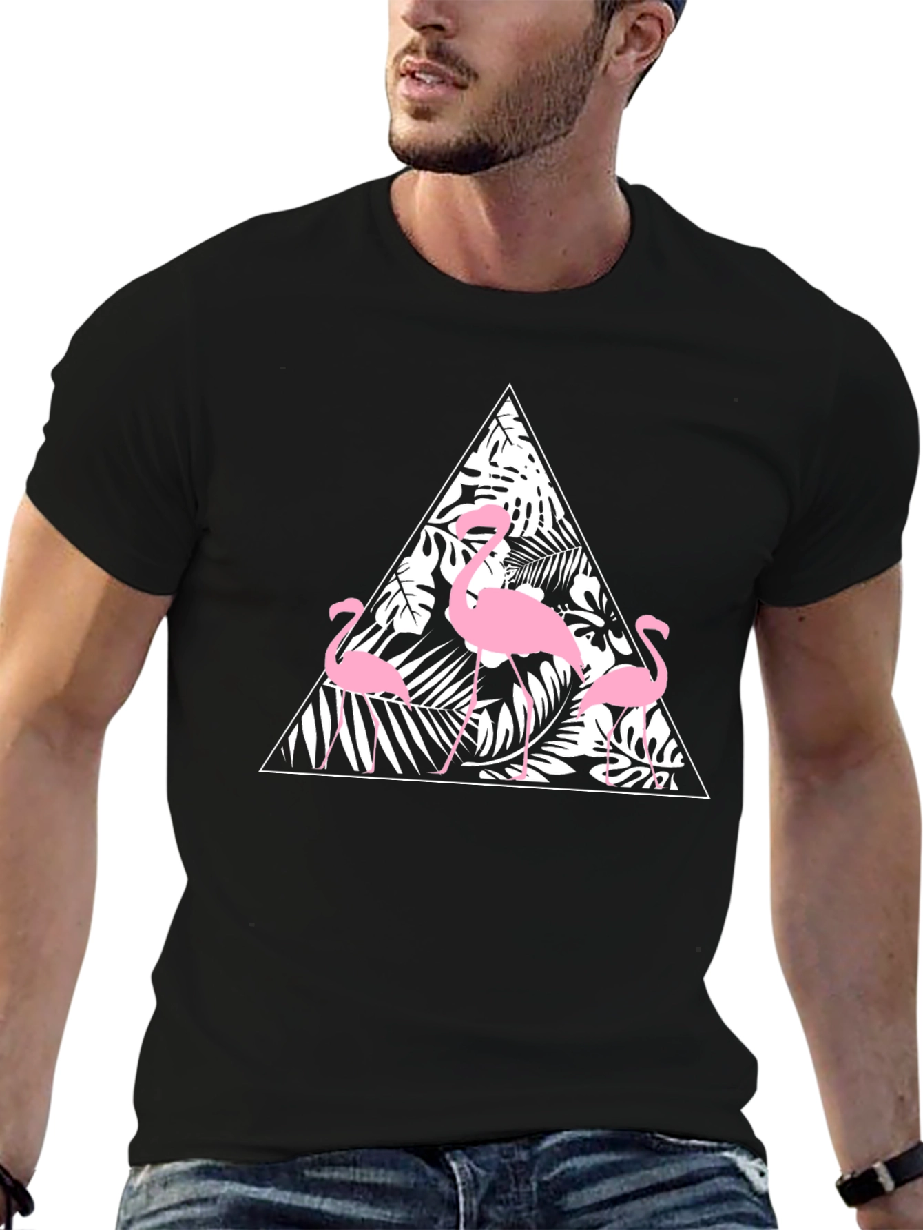 Black T-Shirt with Flamingo Triangle Design