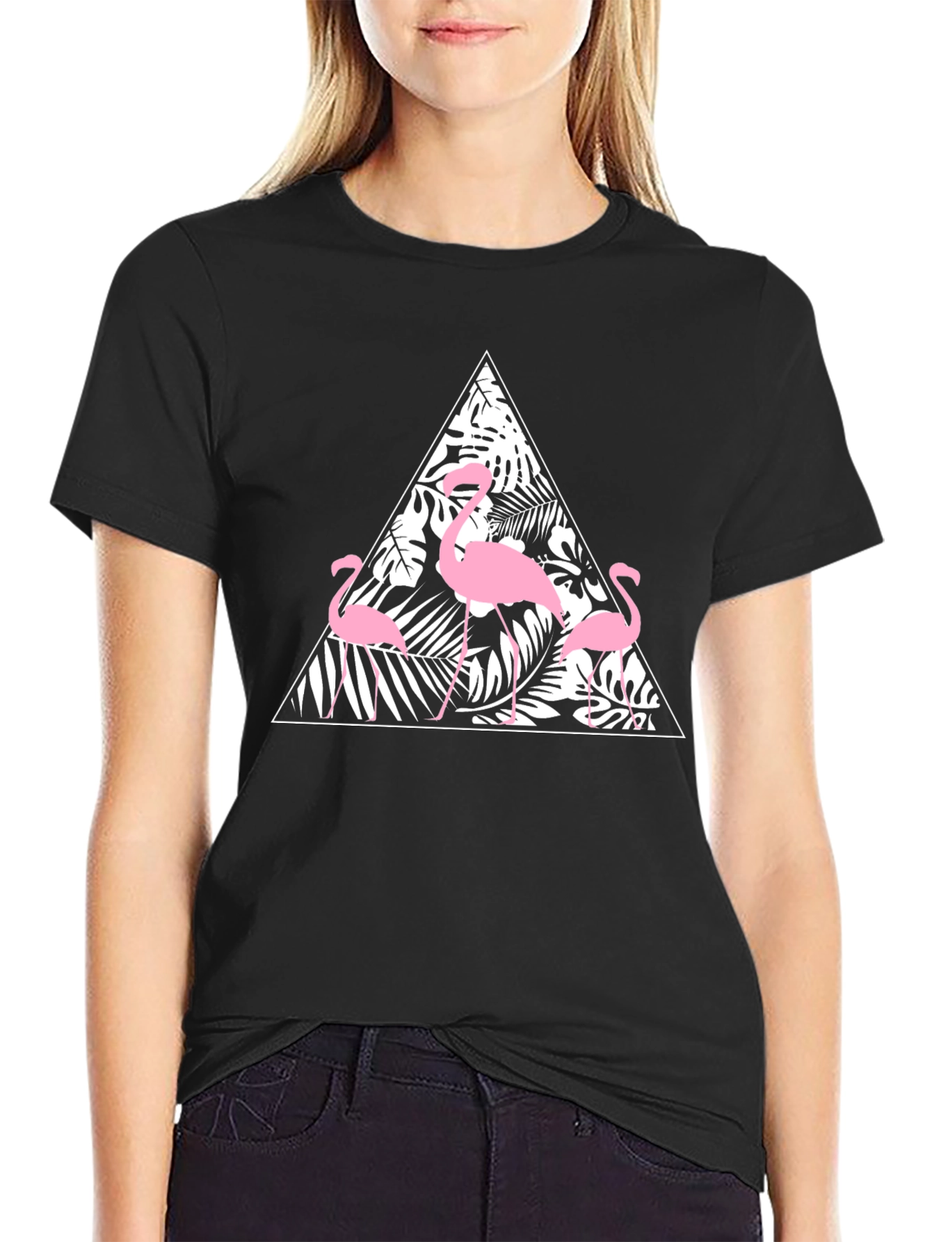 Black T-Shirt with Flamingo Triangle Design