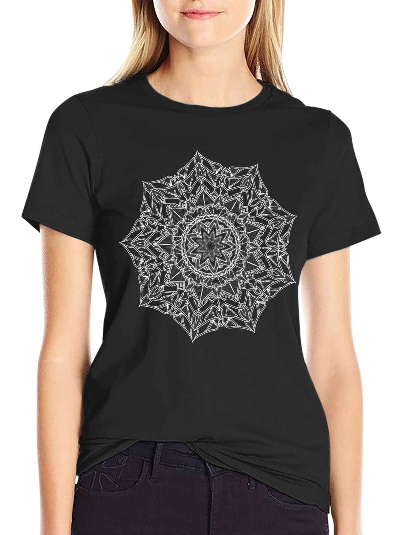 Black Tee with White Mandala Print