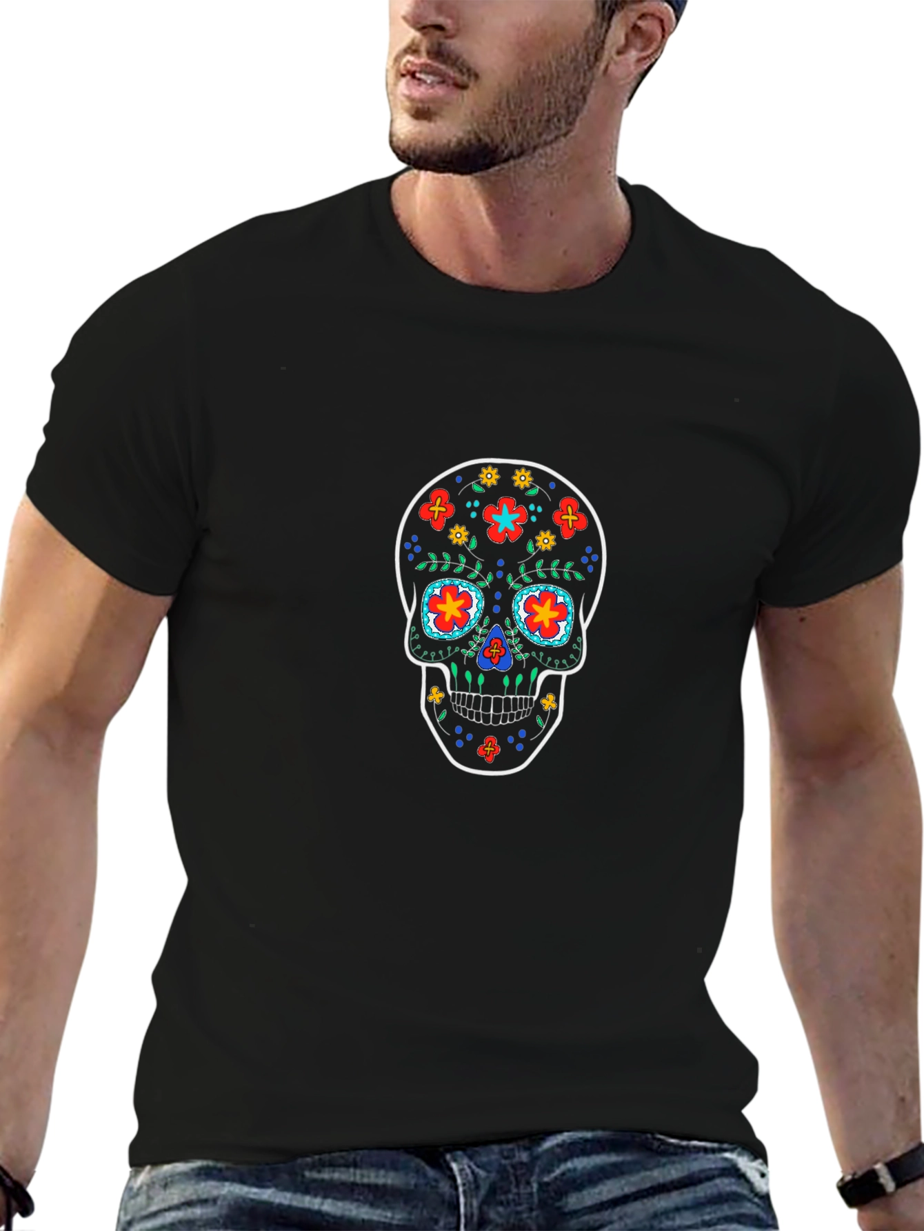Sugar Skull Graphic Tee - Black Cotton T-Shirt