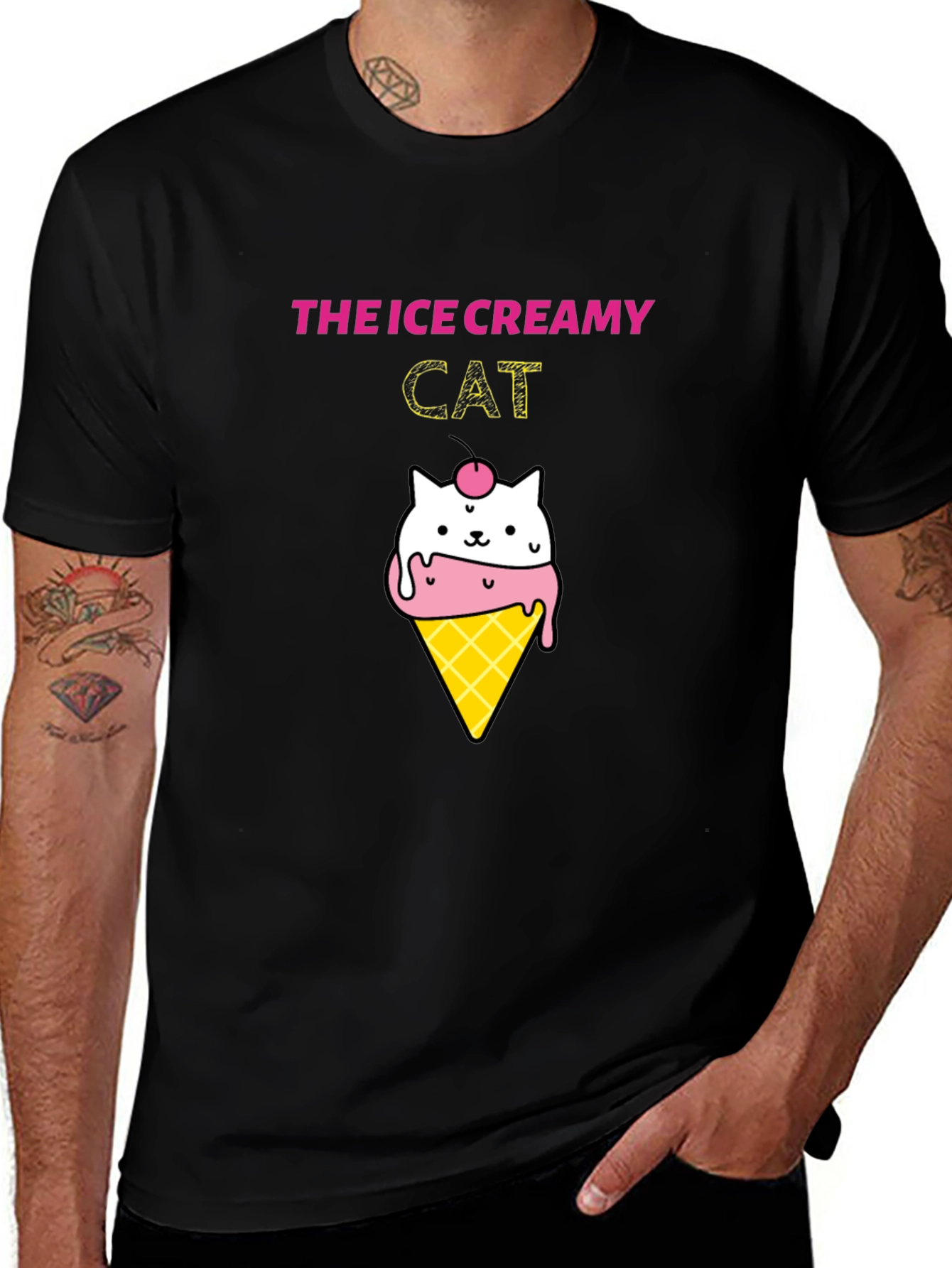 Ice Creamy Cat Graphic Black T-Shirt
