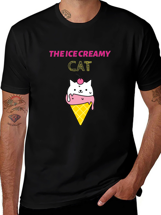 Ice Creamy Cat Graphic Black T-Shirt