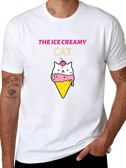 Ice Creamy Cat Graphic Black T-Shirt