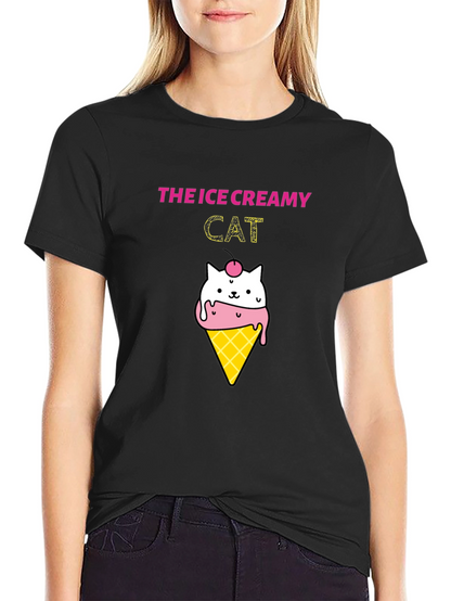 Ice Creamy Cat Graphic Black T-Shirt