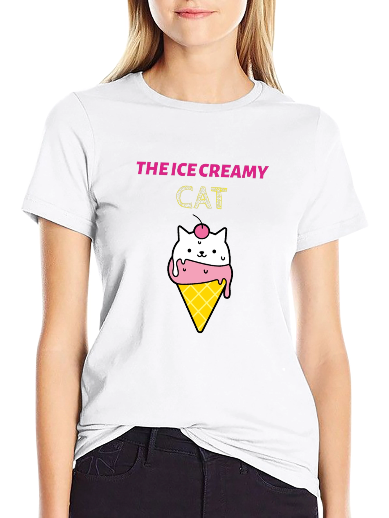 Ice Creamy Cat Graphic Black T-Shirt