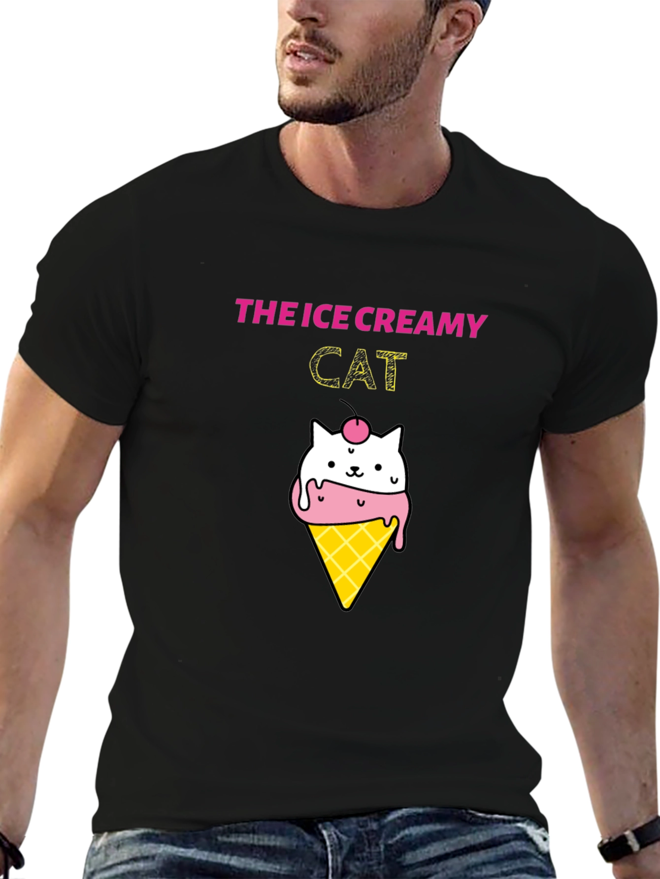 Ice Creamy Cat Graphic Black T-Shirt