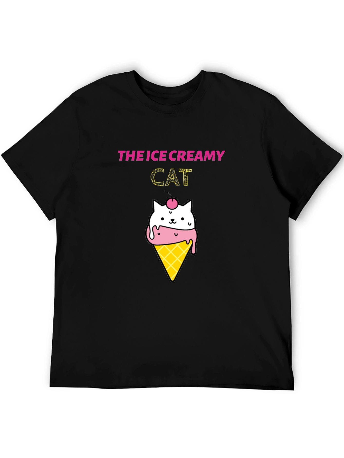 Ice Creamy Cat Graphic Black T-Shirt
