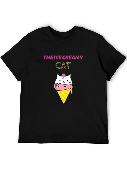 Ice Creamy Cat Graphic Black T-Shirt