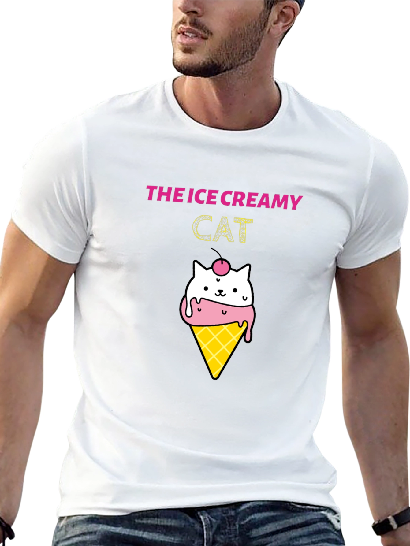 Ice Creamy Cat Graphic Black T-Shirt