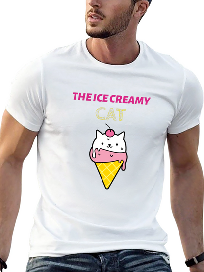 Ice Creamy Cat Graphic Black T-Shirt