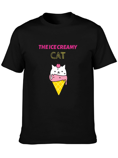 Ice Creamy Cat Graphic Black T-Shirt