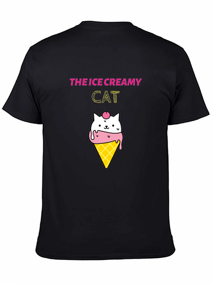 Ice Creamy Cat Graphic Black T-Shirt