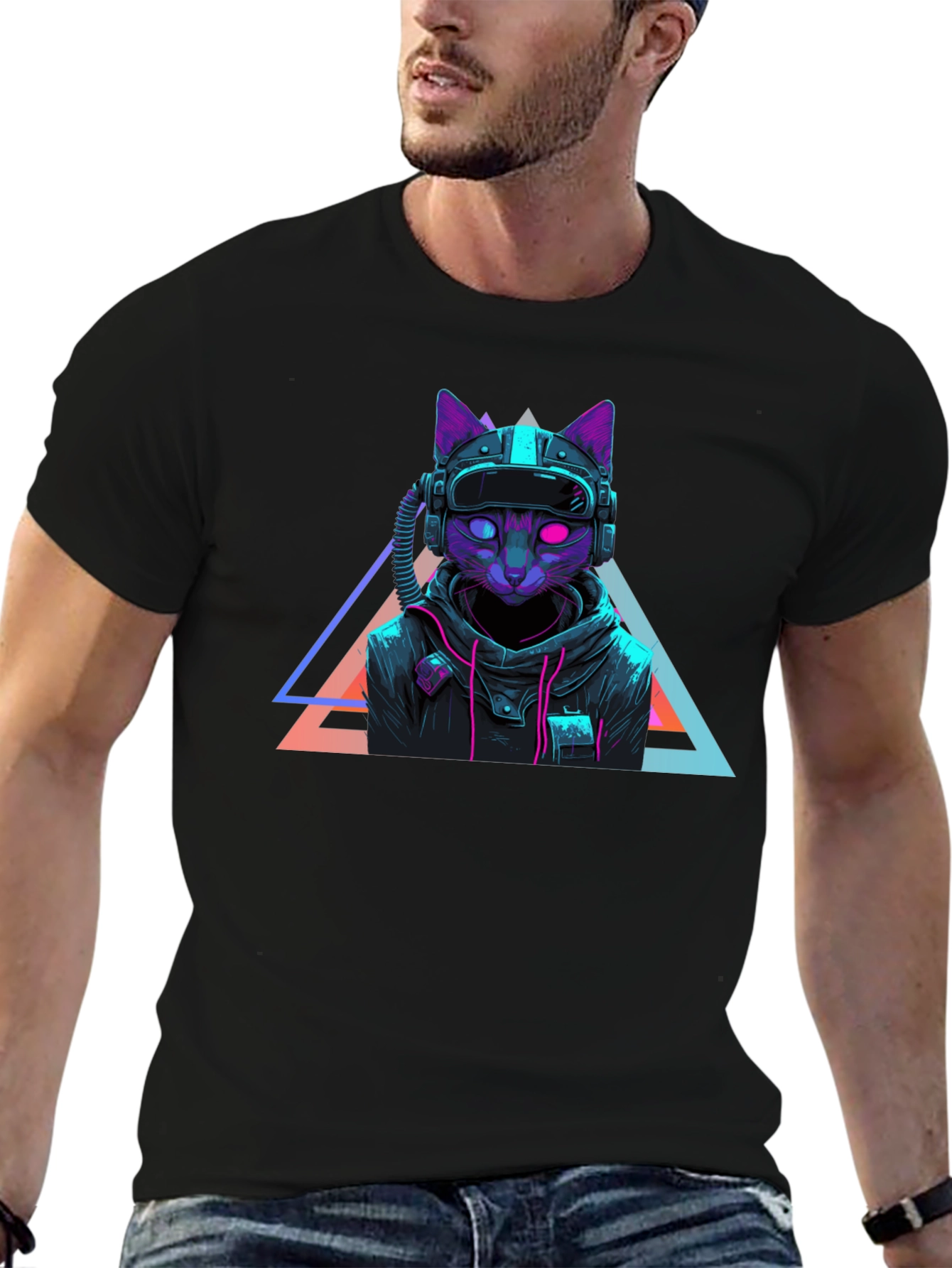 Cyberpunk Cat T-Shirt - Futuristic Neon Design
