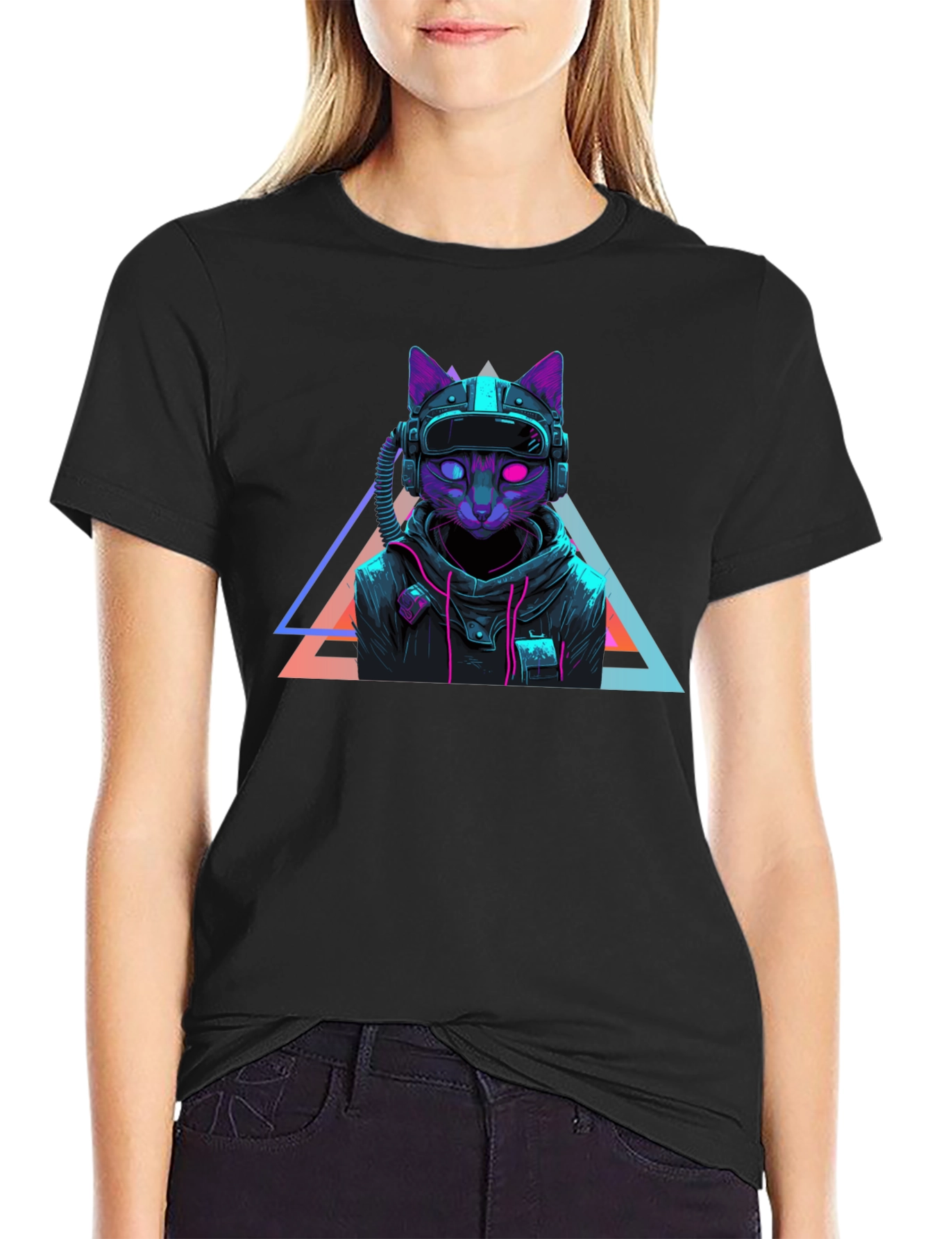 Cyberpunk Cat T-Shirt - Futuristic Neon Design