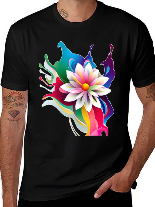 Colorful Flower Graphic Print Black T-Shirt