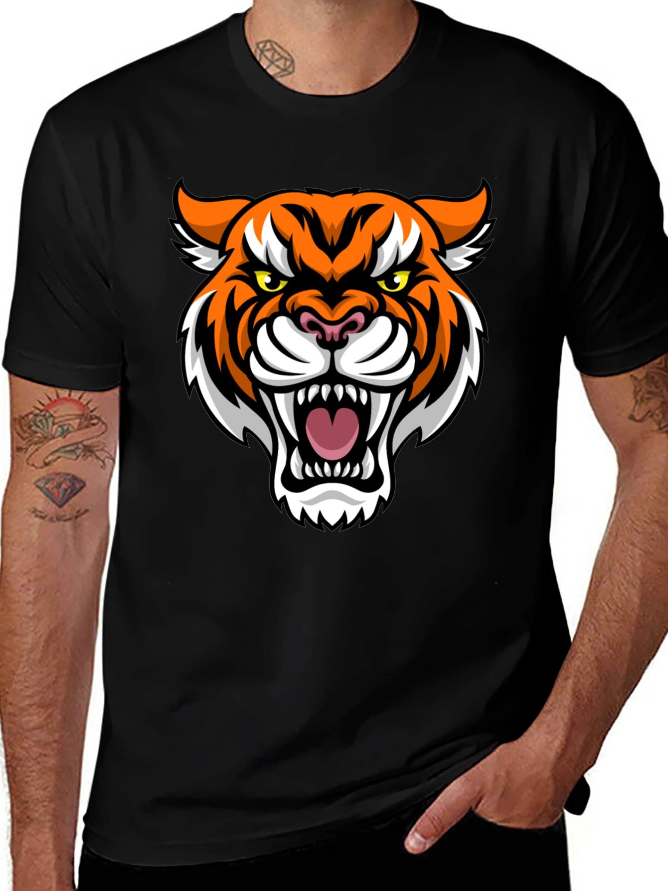 Mens Black T-Shirt with Tiger Graphic