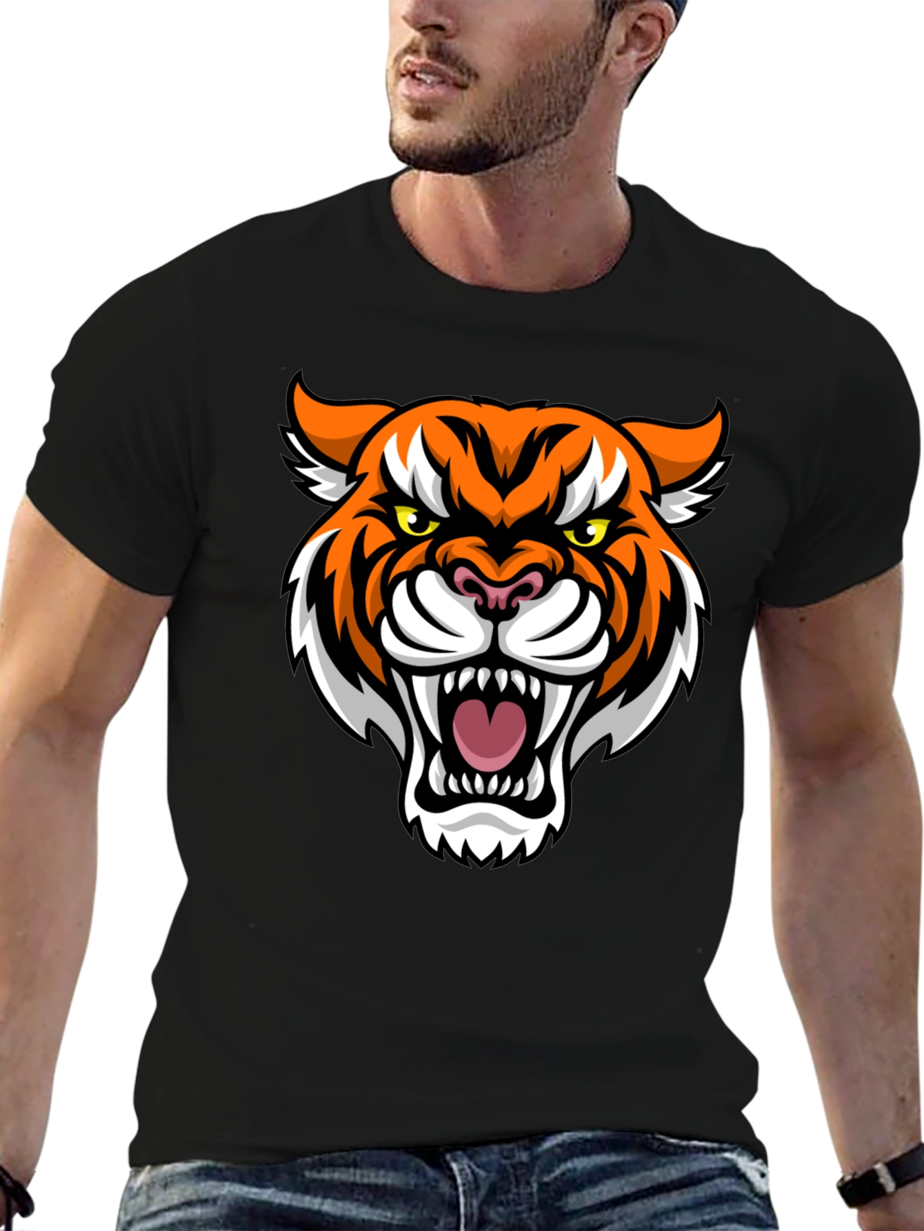 Mens Black T-Shirt with Tiger Graphic