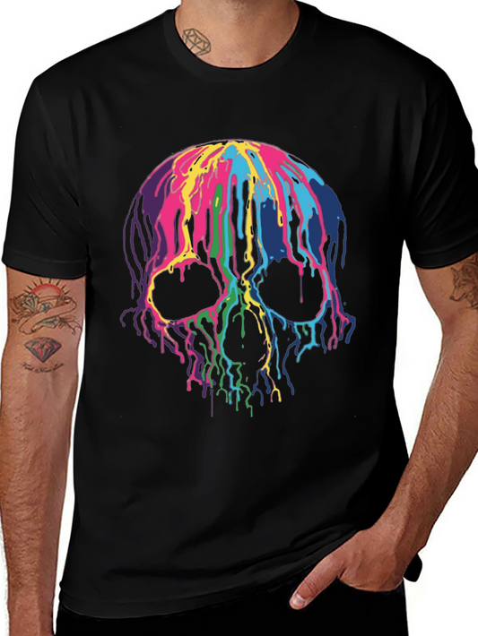 Colorful Dripping Skull Graphic Tee - Black