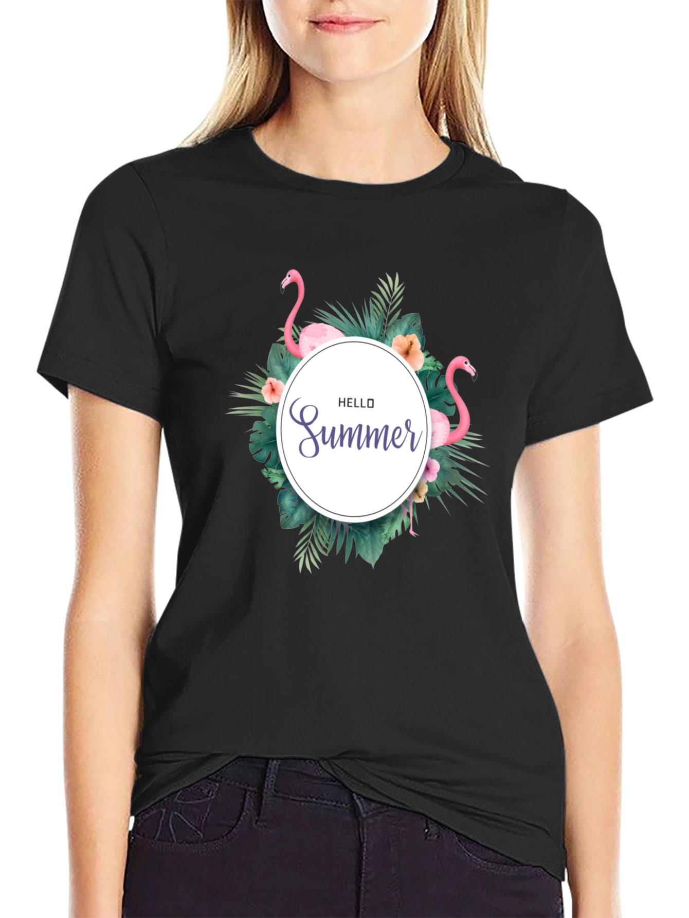 Tropical Flamingo Black T-Shirt - Hello Summer Design