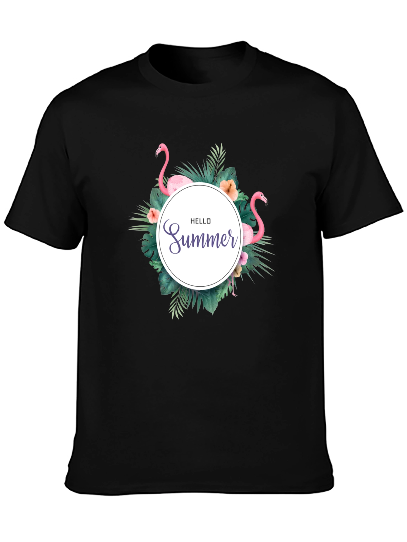 Tropical Flamingo Black T-Shirt - Hello Summer Design