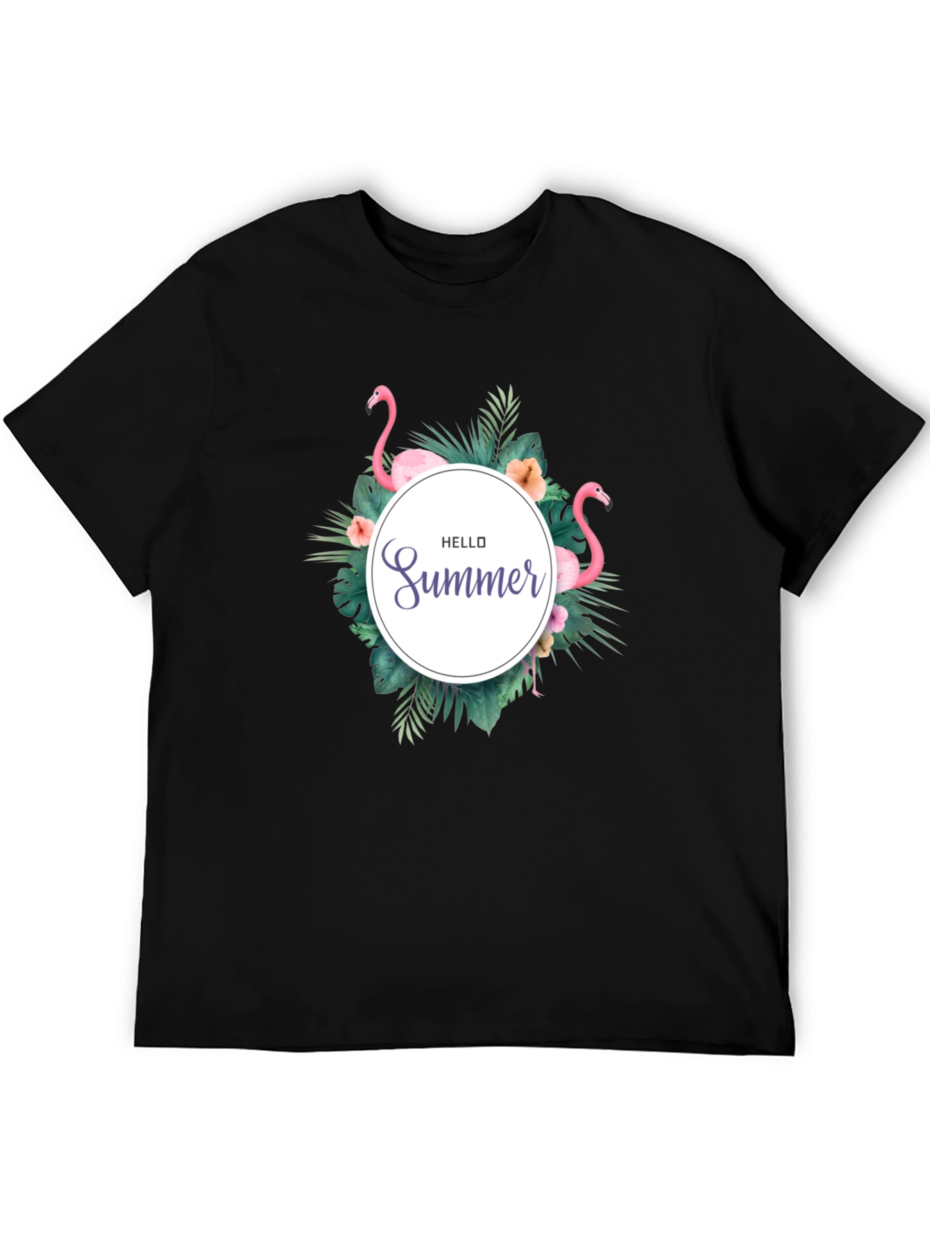 Tropical Flamingo Black T-Shirt - Hello Summer Design