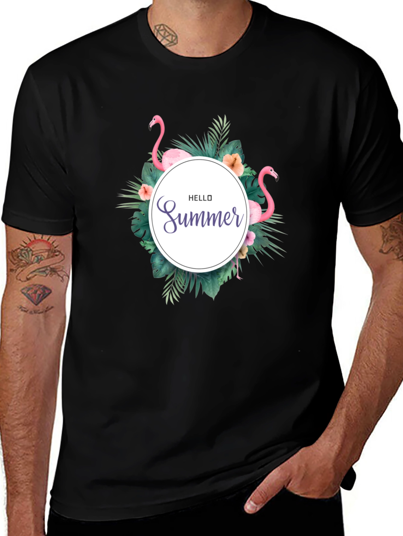 Tropical Flamingo Black T-Shirt - Hello Summer Design